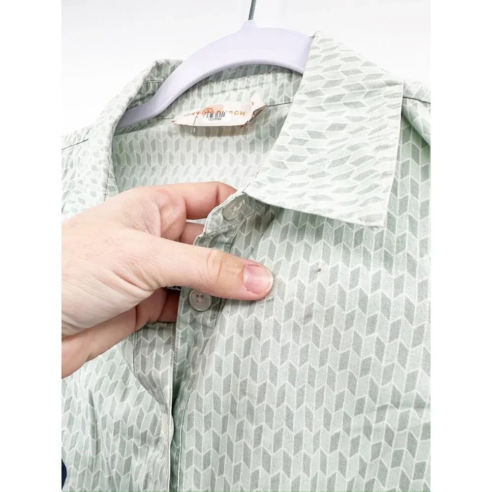 Tory Burch Emmy Green Printed Cotton Short Sleeve Pleated Shirt Dress Size 0‎